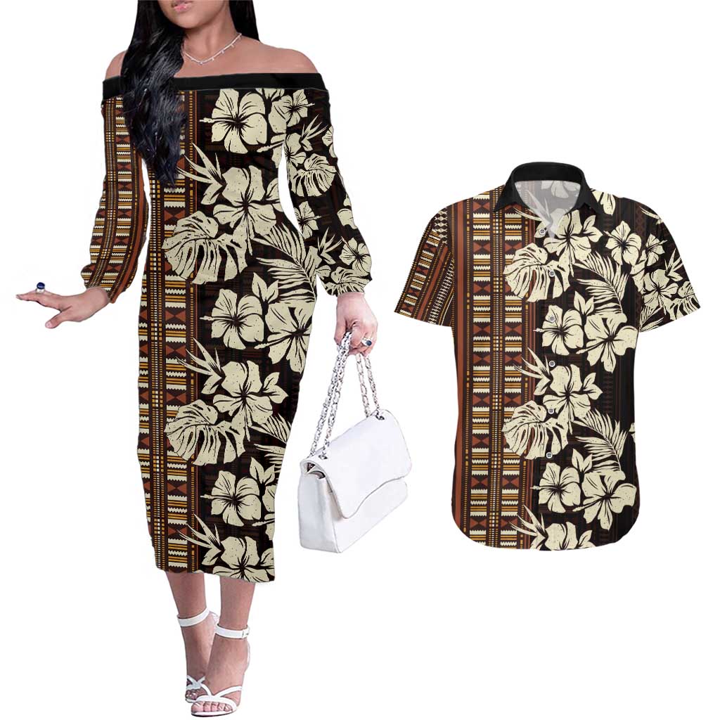Bula Fiji Masi Couples Matching Off The Shoulder Long Sleeve Dress and Hawaiian Shirt Tapa Tropical Hibiscus Half Stylized - Polynesian Pride