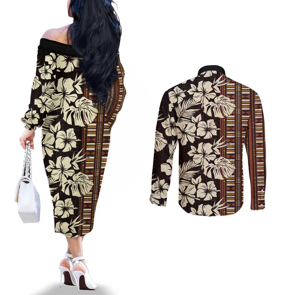 Bula Fiji Masi Couples Matching Off The Shoulder Long Sleeve Dress and Long Sleeve Button Shirt Tapa Tropical Hibiscus Half Stylized - Polynesian Pride