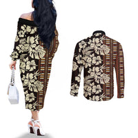 Bula Fiji Masi Couples Matching Off The Shoulder Long Sleeve Dress and Long Sleeve Button Shirt Tapa Tropical Hibiscus Half Stylized - Polynesian Pride