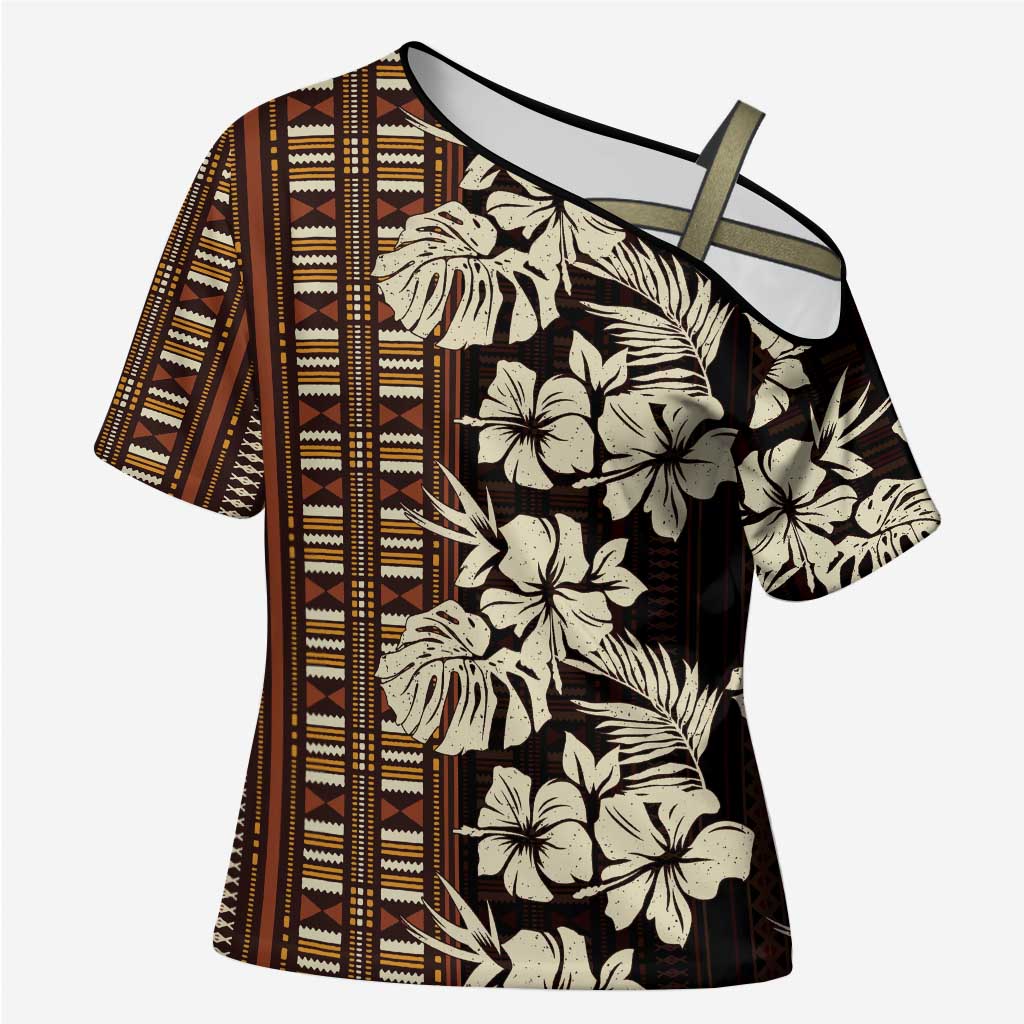 Bula Fiji Masi Cross Shoulder Shirt Tapa Tropical Hibiscus Half Stylized - Polynesian Pride
