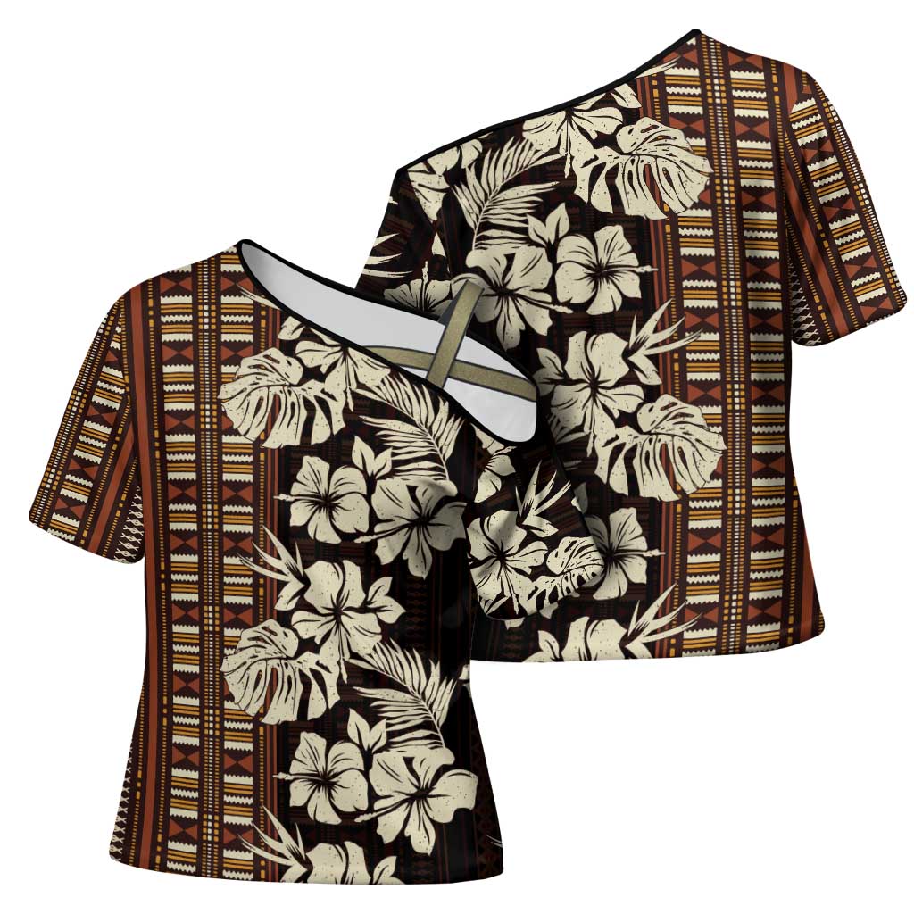 Bula Fiji Masi Cross Shoulder Shirt Tapa Tropical Hibiscus Half Stylized - Polynesian Pride