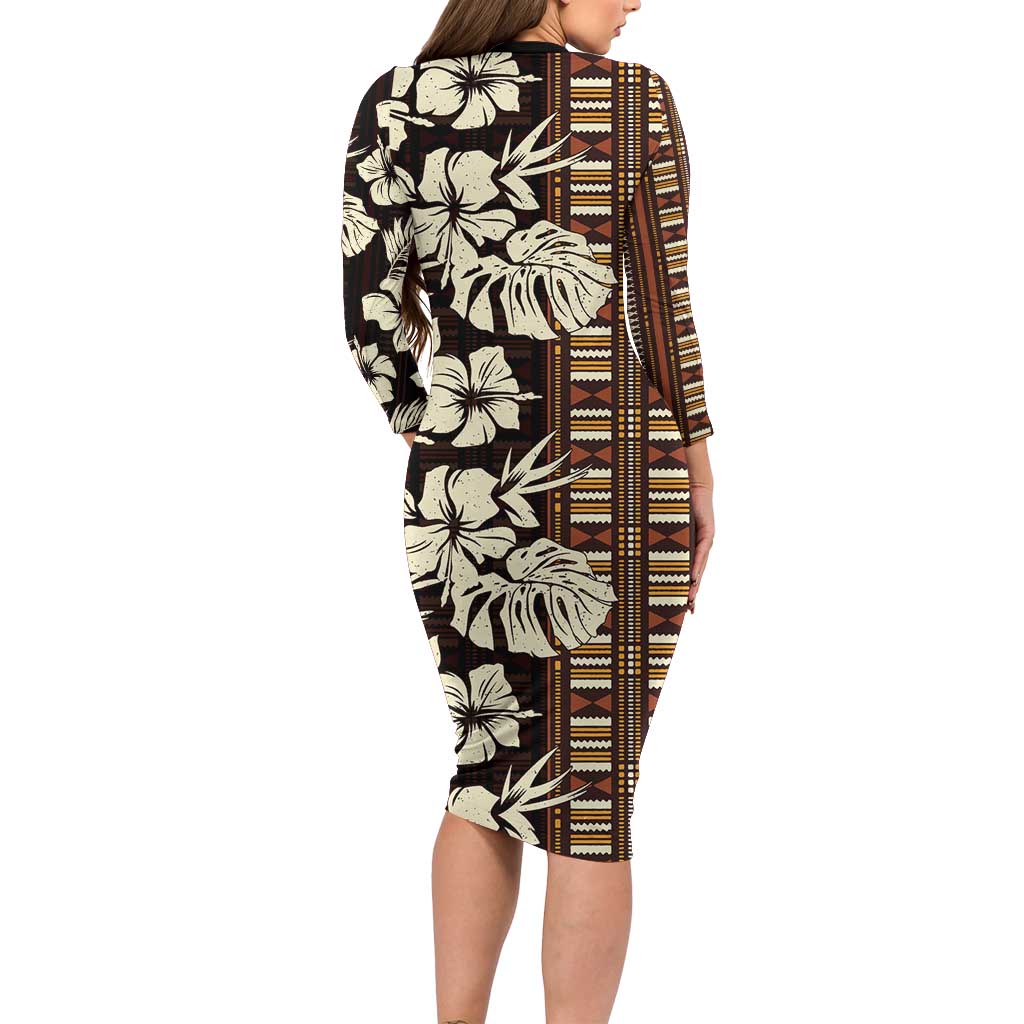 Bula Fiji Masi Family Matching Long Sleeve Bodycon Dress and Hawaiian Shirt Tapa Tropical Hibiscus Half Stylized - Polynesian Pride