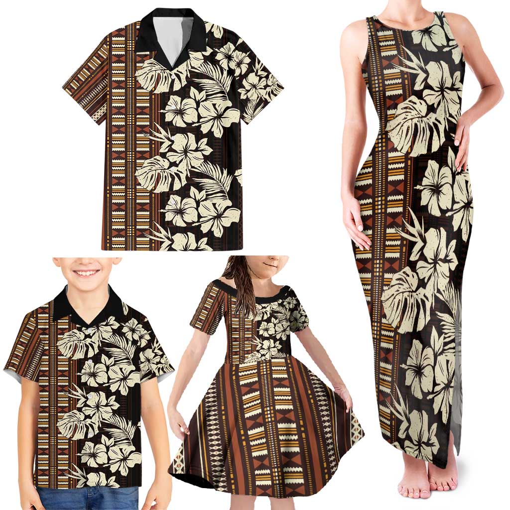 Bula Fiji Masi Family Matching Tank Maxi Dress and Hawaiian Shirt Tapa Tropical Hibiscus Half Stylized - Polynesian Pride
