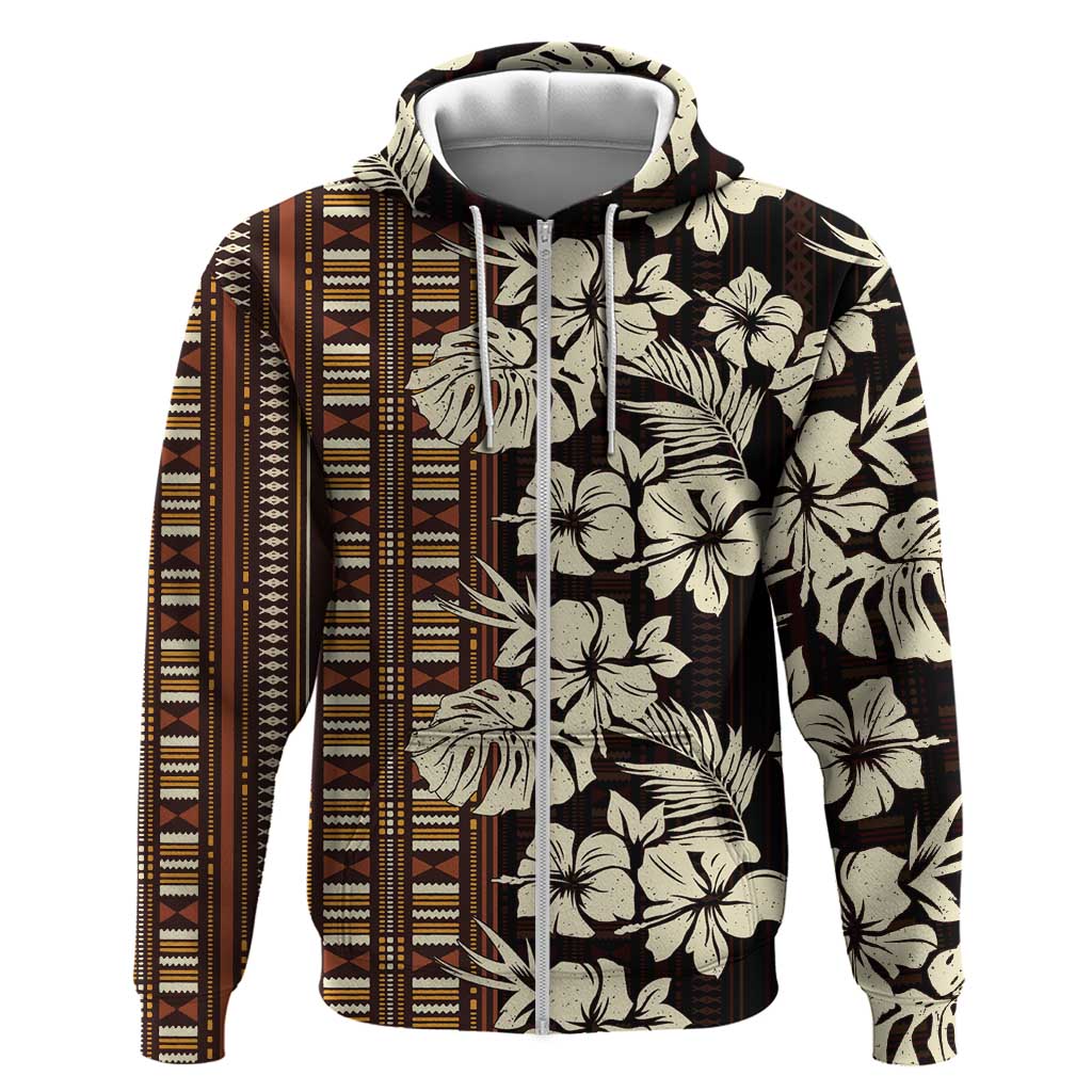 Bula Fiji Masi Hoodie Tapa Tropical Hibiscus Half Stylized LT14 Zip Hoodie Brown - Polynesian Pride