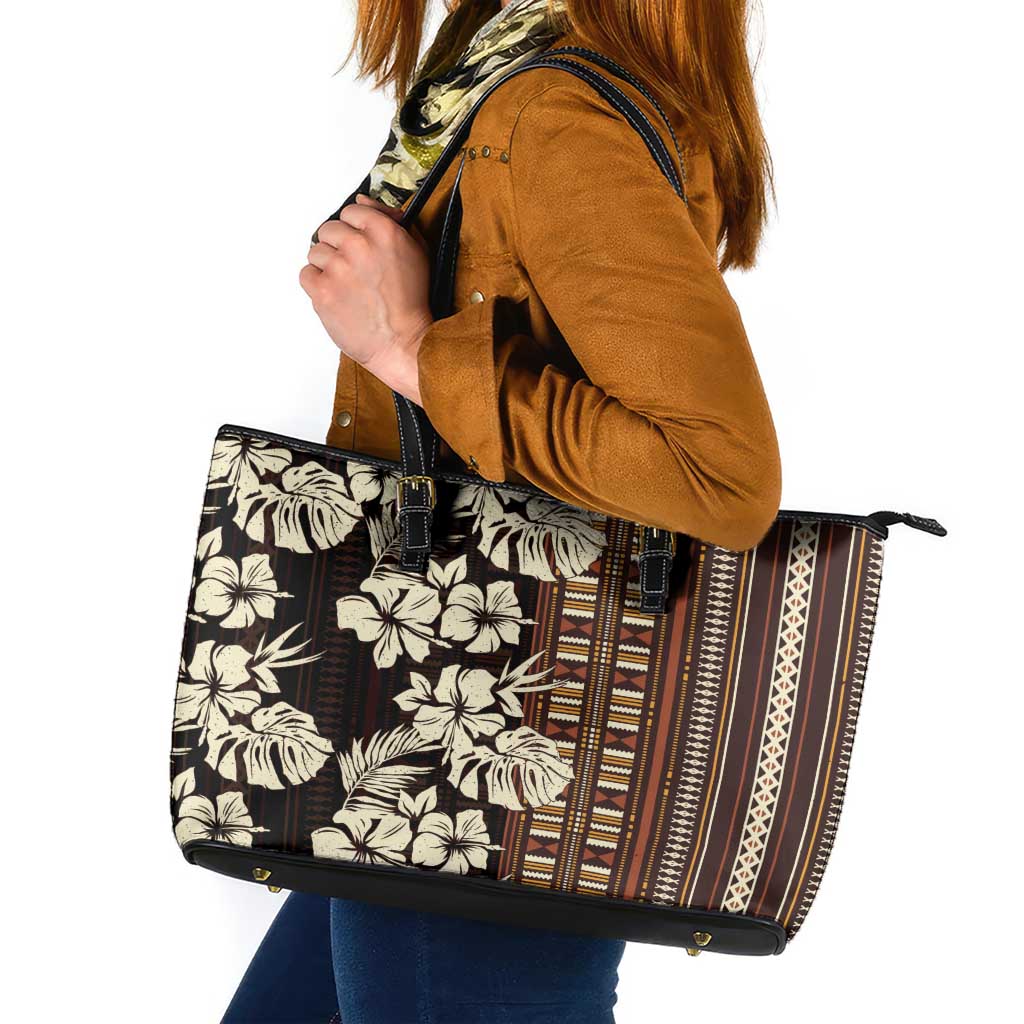 Bula Fiji Masi Leather Tote Bag Tapa Tropical Hibiscus Half Stylized LT14 Brown - Polynesian Pride
