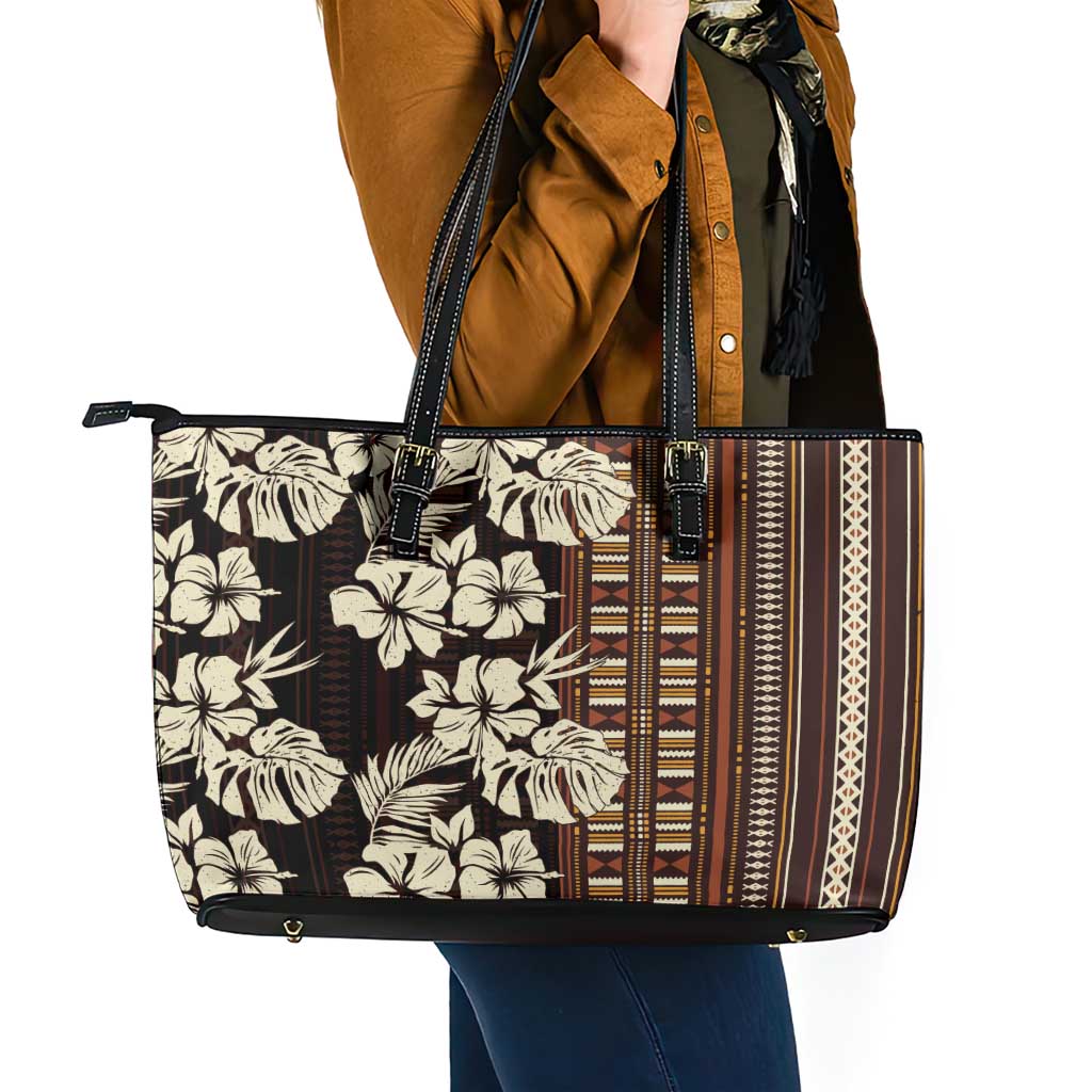 Bula Fiji Masi Leather Tote Bag Tapa Tropical Hibiscus Half Stylized LT14 - Polynesian Pride