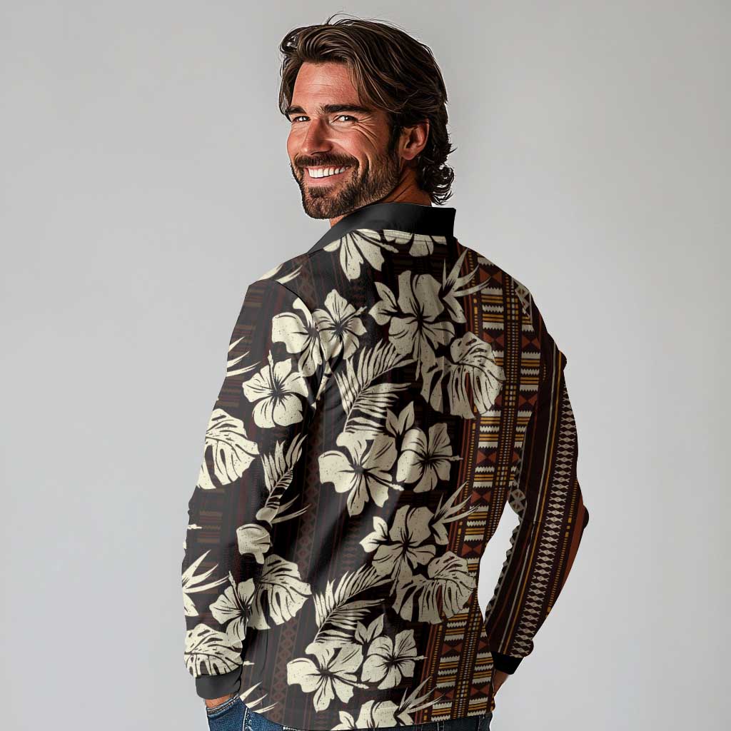Bula Fiji Masi Long Sleeve Polo Shirt Tapa Tropical Hibiscus Half Stylized - Polynesian Pride