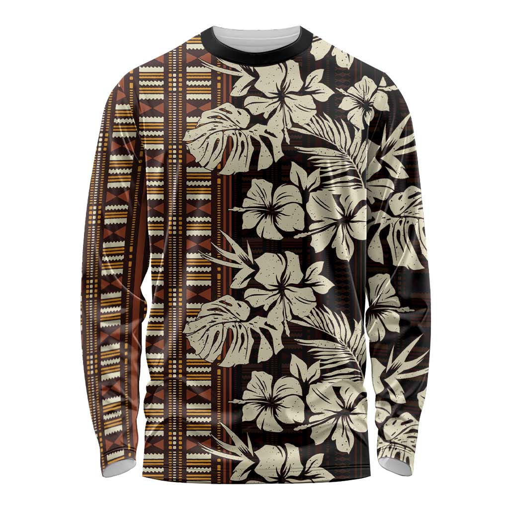 Bula Fiji Masi Long Sleeve Shirt Tapa Tropical Hibiscus Half Stylized LT14 Unisex Brown - Polynesian Pride