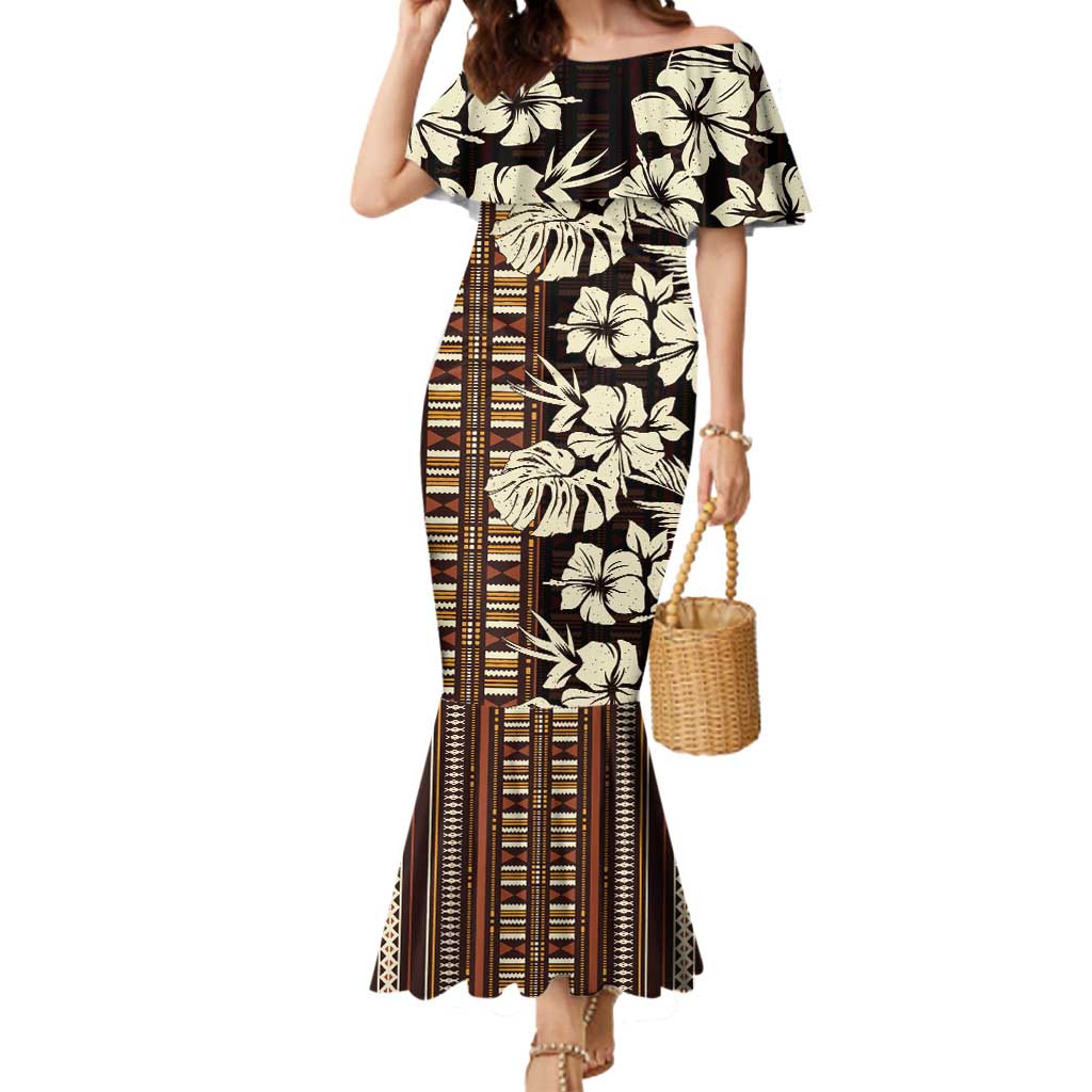 Bula Fiji Masi Mermaid Dress Tapa Tropical Hibiscus Half Stylized LT14 Women Brown - Polynesian Pride