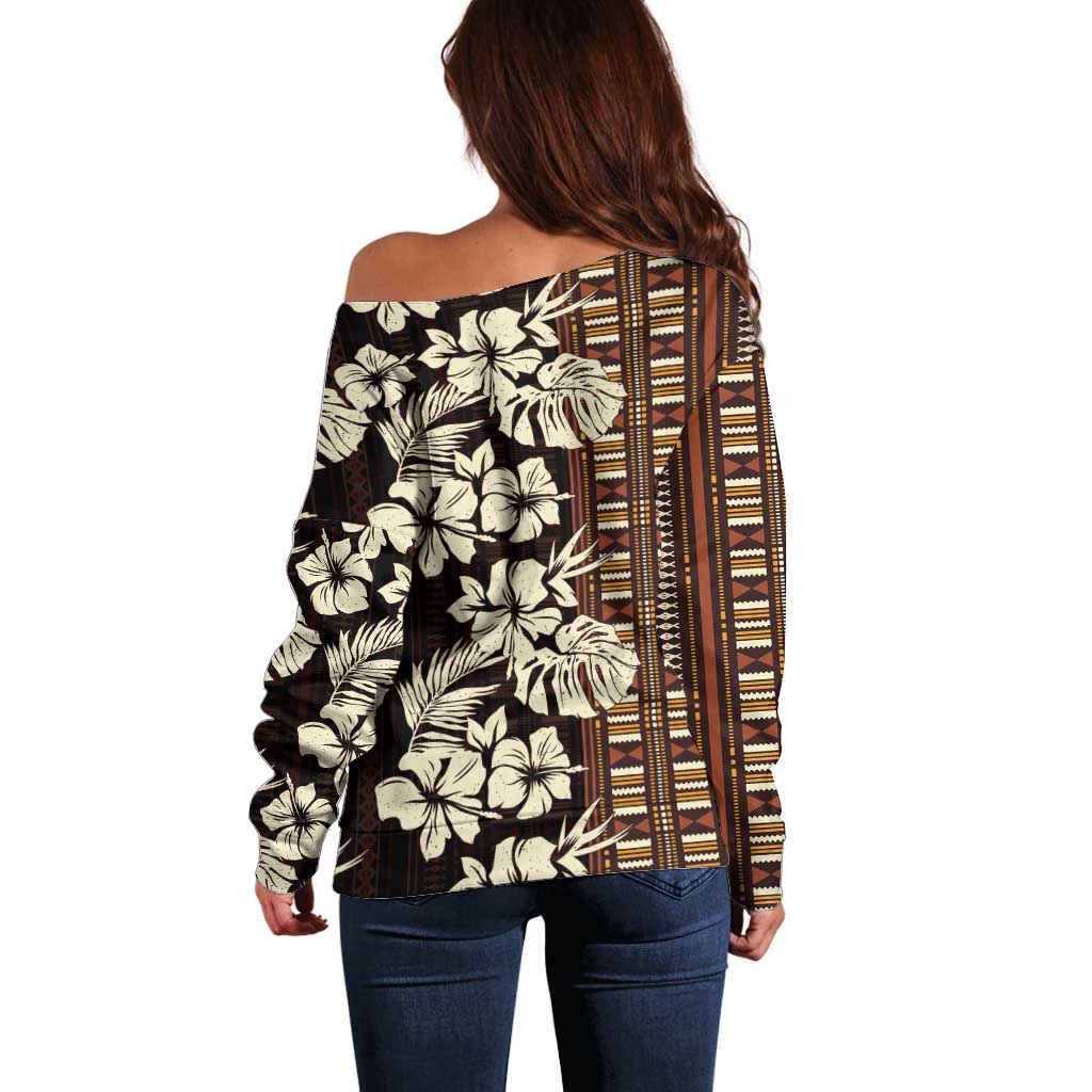 Bula Fiji Masi Off Shoulder Sweater Tapa Tropical Hibiscus Half Stylized - Polynesian Pride