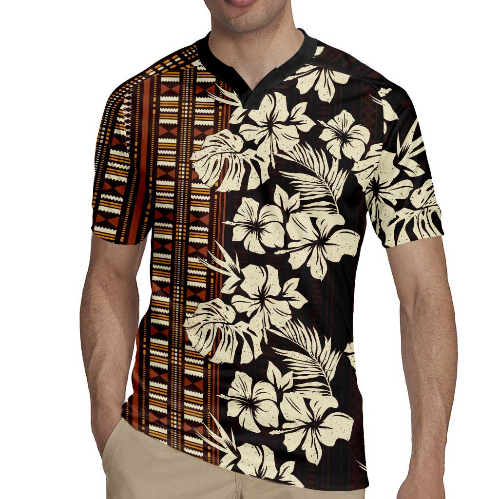 Bula Fiji Masi Rugby Jersey Tapa Tropical Hibiscus Half Stylized - Polynesian Pride
