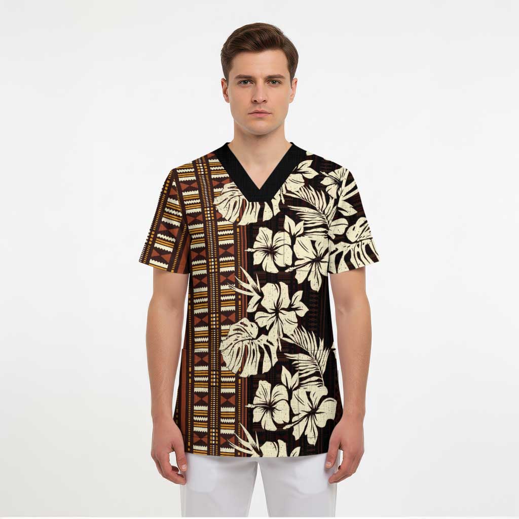 Bula Fiji Masi Scrub Top Tapa Tropical Hibiscus Half Stylized - Polynesian Pride