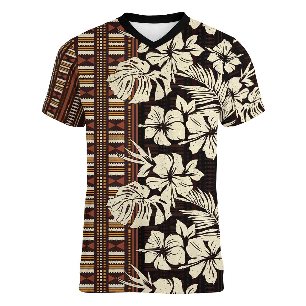 Bula Fiji Masi Women V-Neck T-Shirt Tapa Tropical Hibiscus Half Stylized - Polynesian Pride