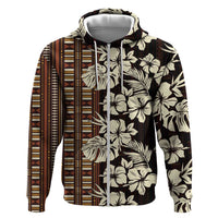 Bula Fiji Masi Zip Hoodie Tapa Tropical Hibiscus Half Stylized LT14 Zip Hoodie Brown - Polynesian Pride