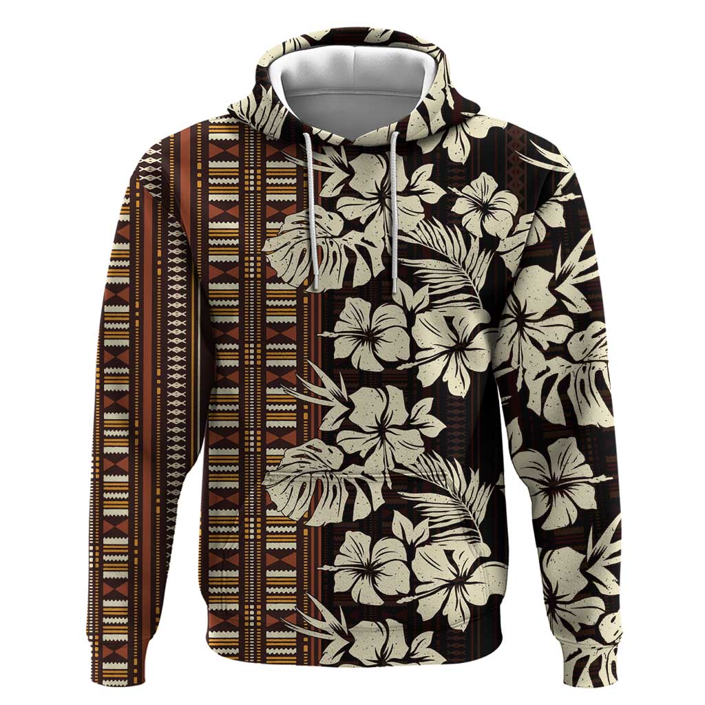 Bula Fiji Masi Zip Hoodie Tapa Tropical Hibiscus Half Stylized LT14 Pullover Hoodie Brown - Polynesian Pride