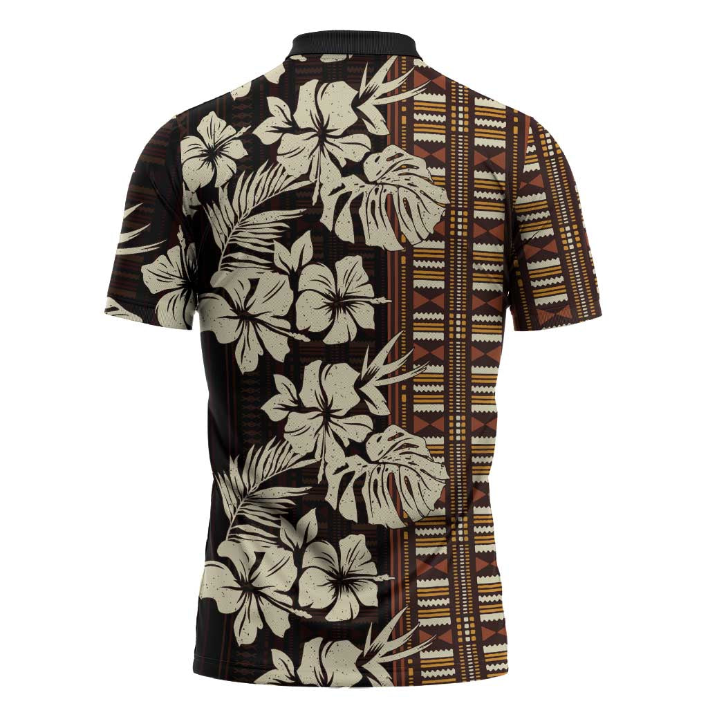 Bula Fiji Masi Zipper Polo Shirt Tapa Tropical Hibiscus Half Stylized - Polynesian Pride