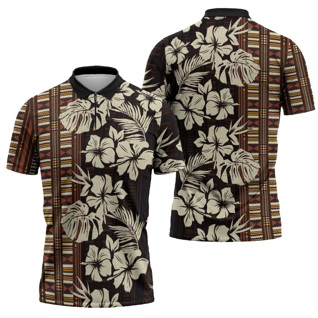 Bula Fiji Masi Zipper Polo Shirt Tapa Tropical Hibiscus Half Stylized - Polynesian Pride