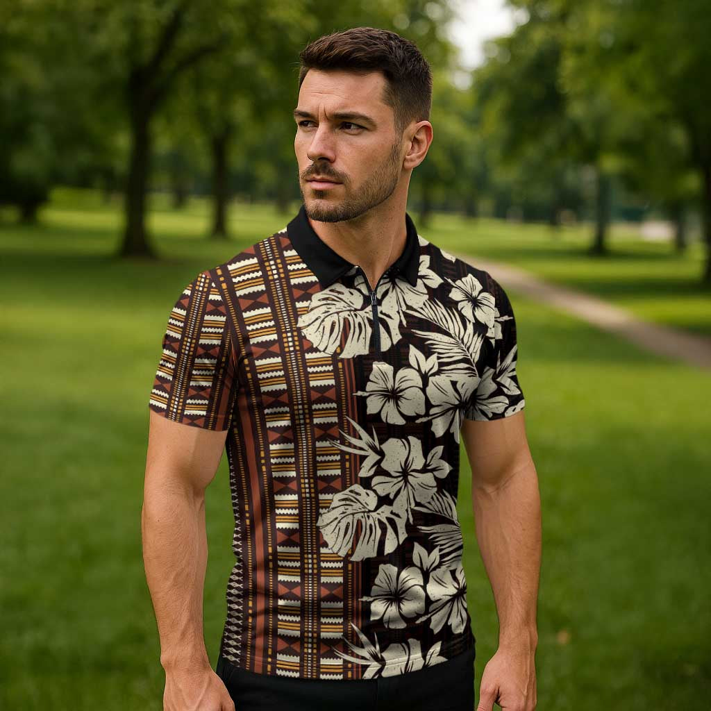 Bula Fiji Masi Zipper Polo Shirt Tapa Tropical Hibiscus Half Stylized - Polynesian Pride