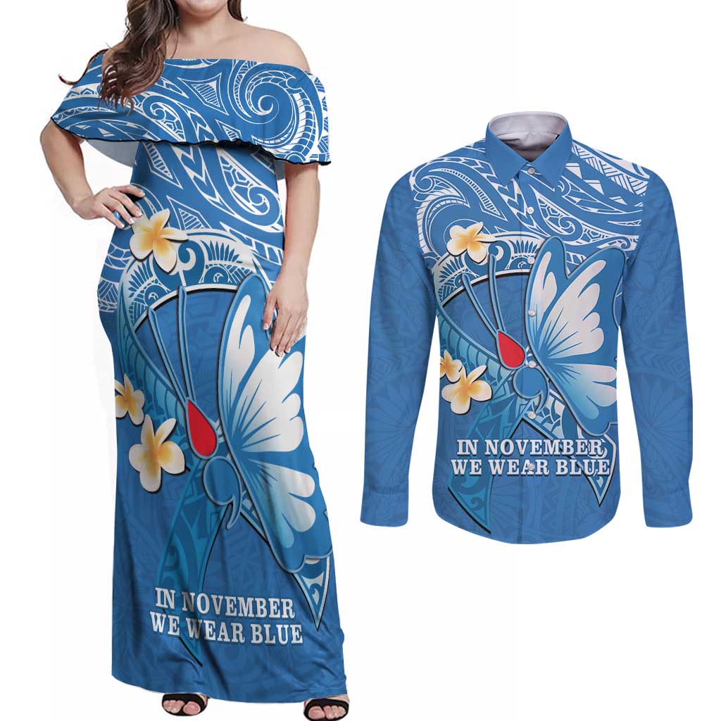 Polynesia Diabetes Awareness Month Couples Matching Off Shoulder Maxi Dress and Long Sleeve Button Shirt In November We Wear Blue