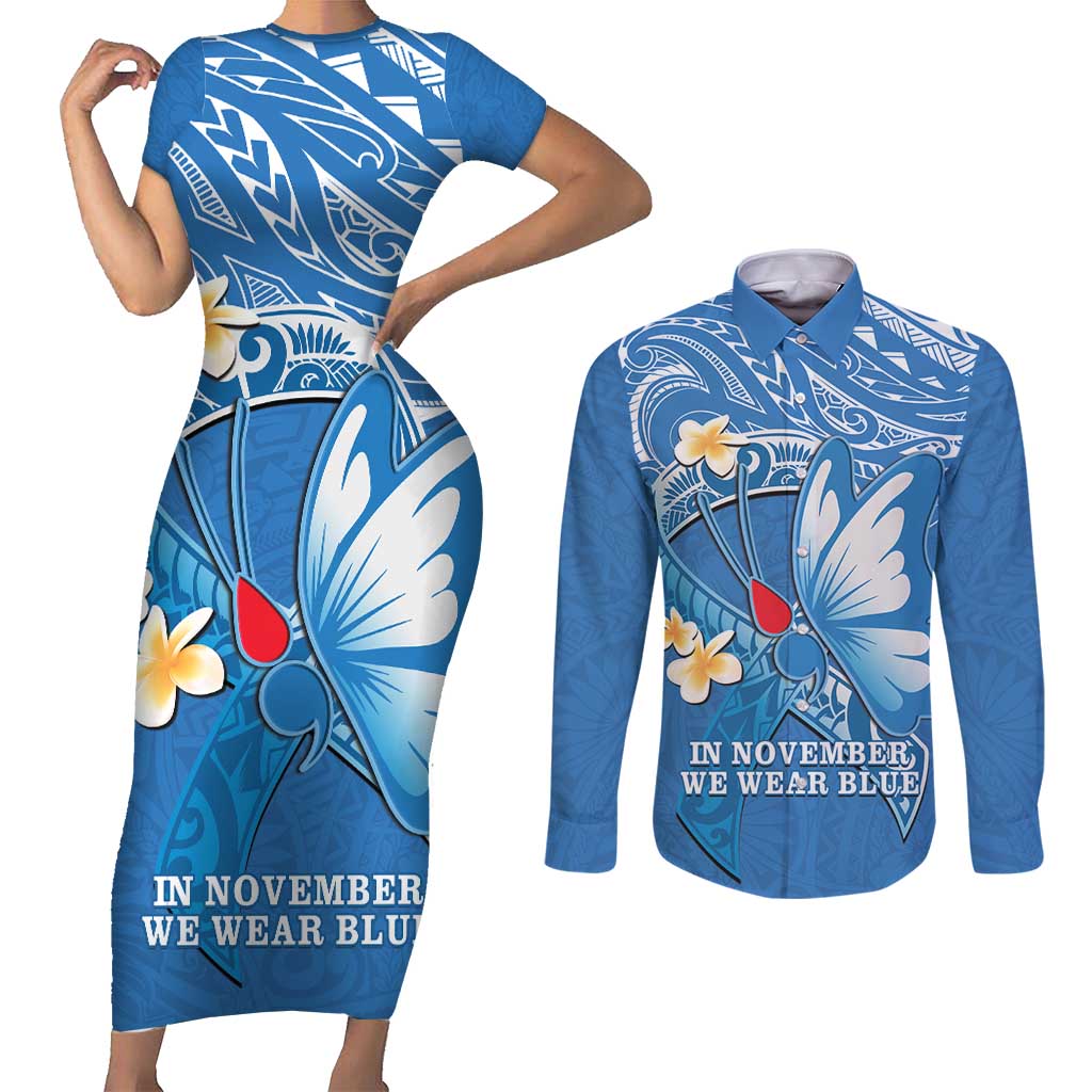 Polynesia Diabetes Awareness Month Couples Matching Short Sleeve Bodycon Dress and Long Sleeve Button Shirt In November We Wear Blue