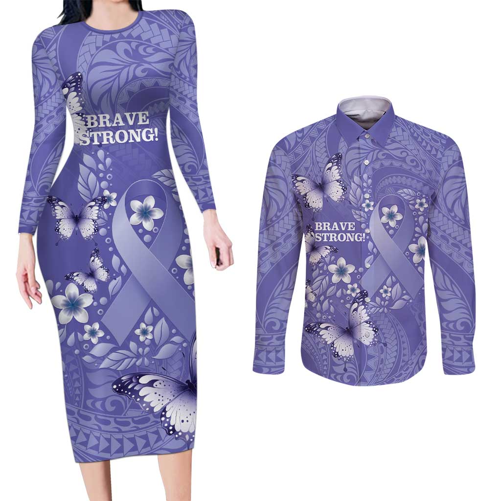 Polynesia Stomach Cancer Awareness Couples Matching Long Sleeve Bodycon Dress and Long Sleeve Button Shirt Periwinkle Ribbon Brave Strong!