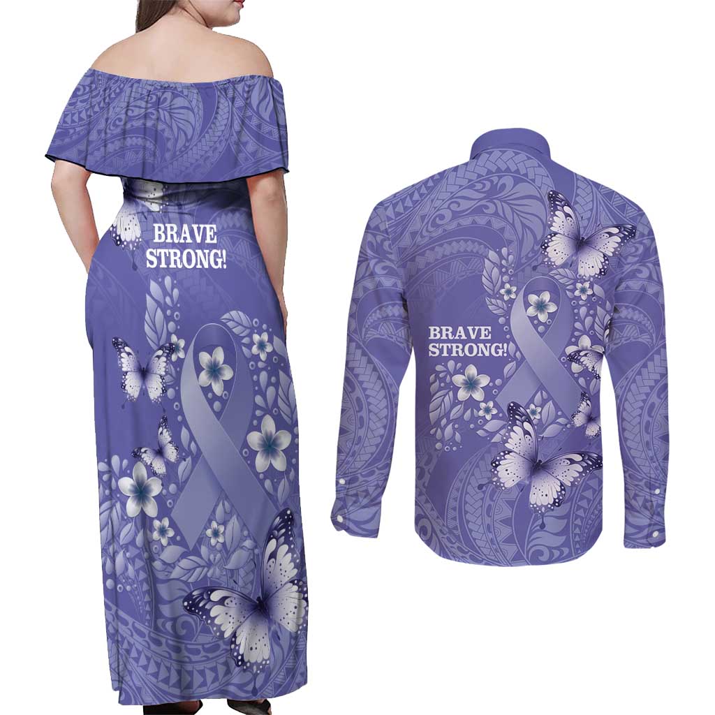 Polynesia Stomach Cancer Awareness Couples Matching Off Shoulder Maxi Dress and Long Sleeve Button Shirt Periwinkle Ribbon Brave Strong!
