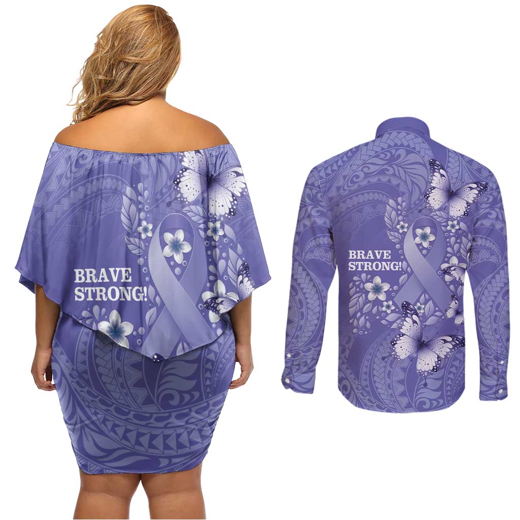 Polynesia Stomach Cancer Awareness Couples Matching Off Shoulder Short Dress and Long Sleeve Button Shirt Periwinkle Ribbon Brave Strong!