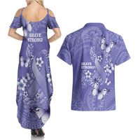 Polynesia Stomach Cancer Awareness Couples Matching Summer Maxi Dress and Hawaiian Shirt Periwinkle Ribbon Brave Strong!