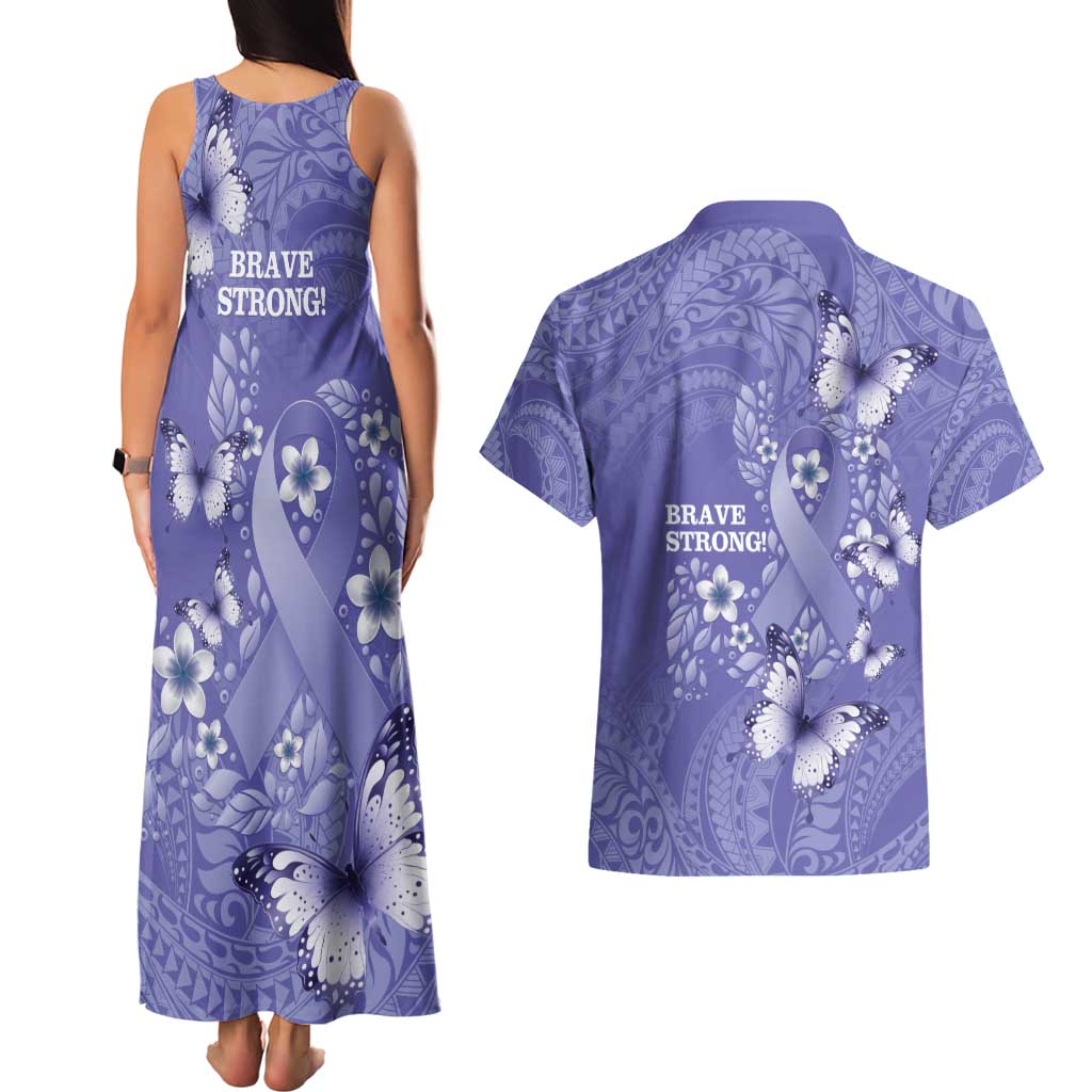 Polynesia Stomach Cancer Awareness Couples Matching Tank Maxi Dress and Hawaiian Shirt Periwinkle Ribbon Brave Strong!