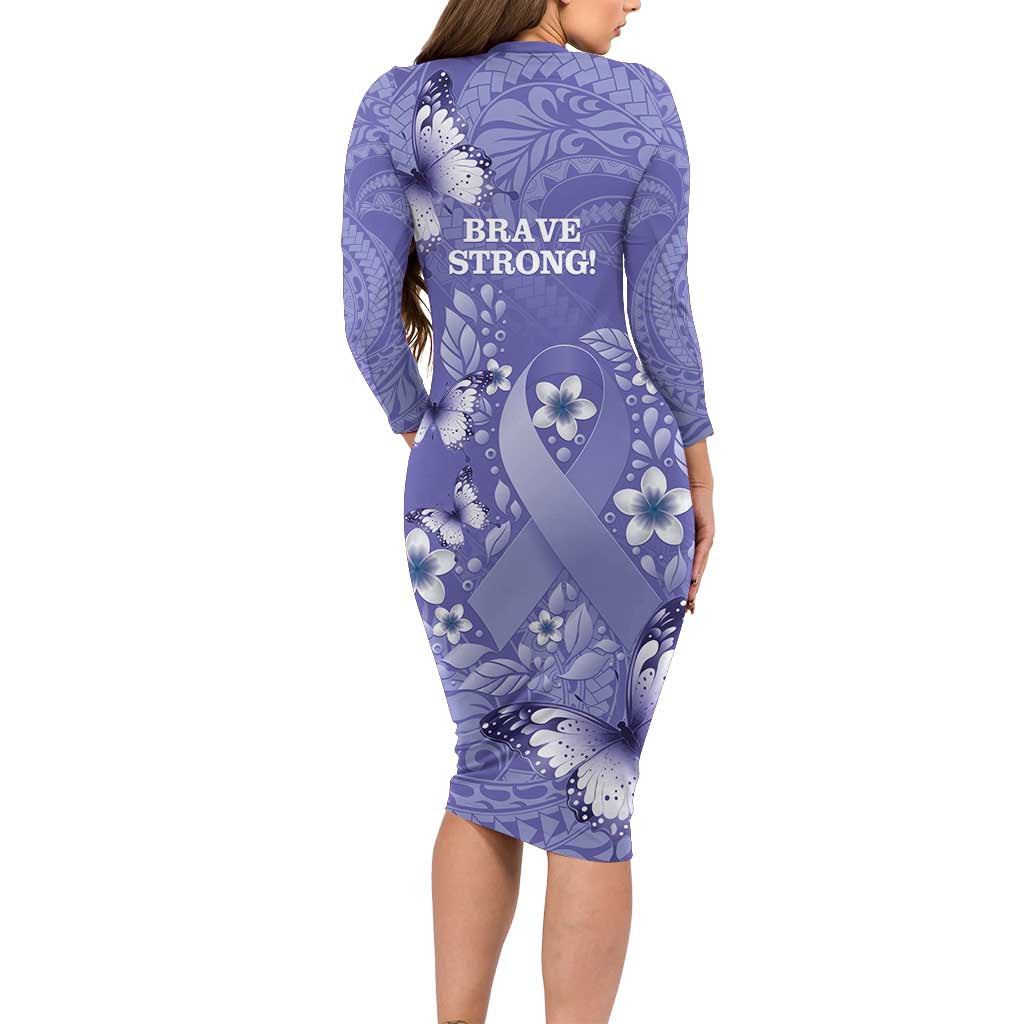 Polynesia Stomach Cancer Awareness Family Matching Long Sleeve Bodycon Dress and Hawaiian Shirt Periwinkle Ribbon Brave Strong!