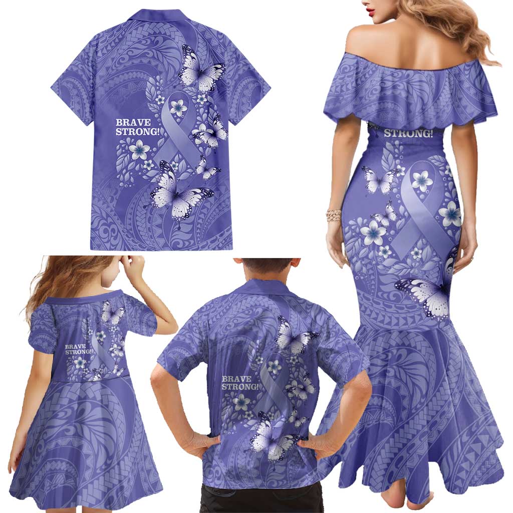 Polynesia Stomach Cancer Awareness Family Matching Mermaid Dress and Hawaiian Shirt Periwinkle Ribbon Brave Strong!
