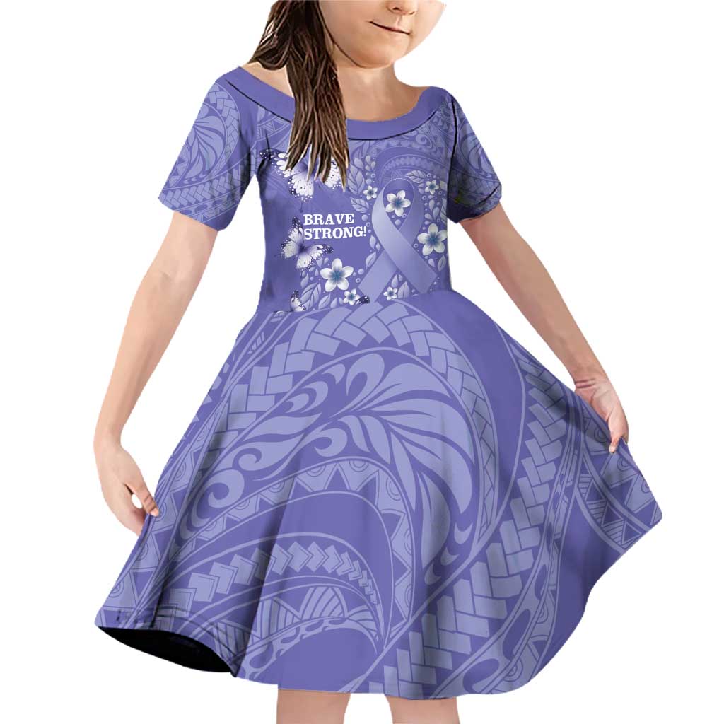 Polynesia Stomach Cancer Awareness Family Matching Off Shoulder Short Dress and Hawaiian Shirt Periwinkle Ribbon Brave Strong!
