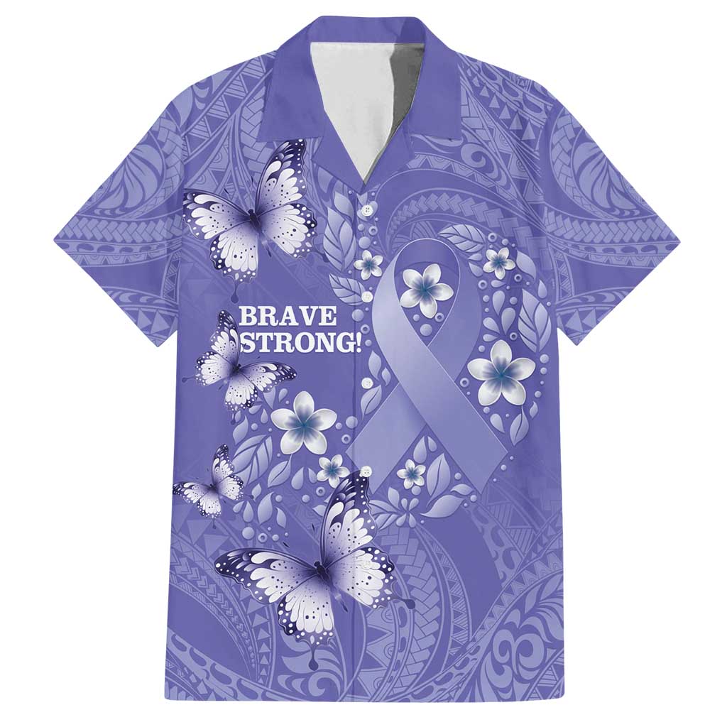 Polynesia Stomach Cancer Awareness Family Matching Puletasi and Hawaiian Shirt Periwinkle Ribbon Brave Strong!