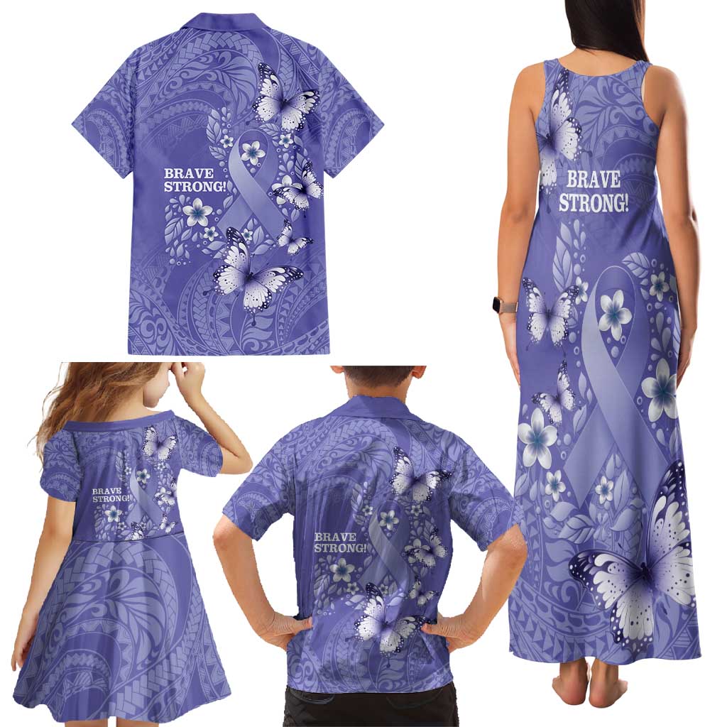 Polynesia Stomach Cancer Awareness Family Matching Tank Maxi Dress and Hawaiian Shirt Periwinkle Ribbon Brave Strong!