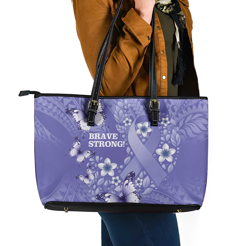 Polynesia Stomach Cancer Awareness Leather Tote Bag Periwinkle Ribbon Brave Strong!