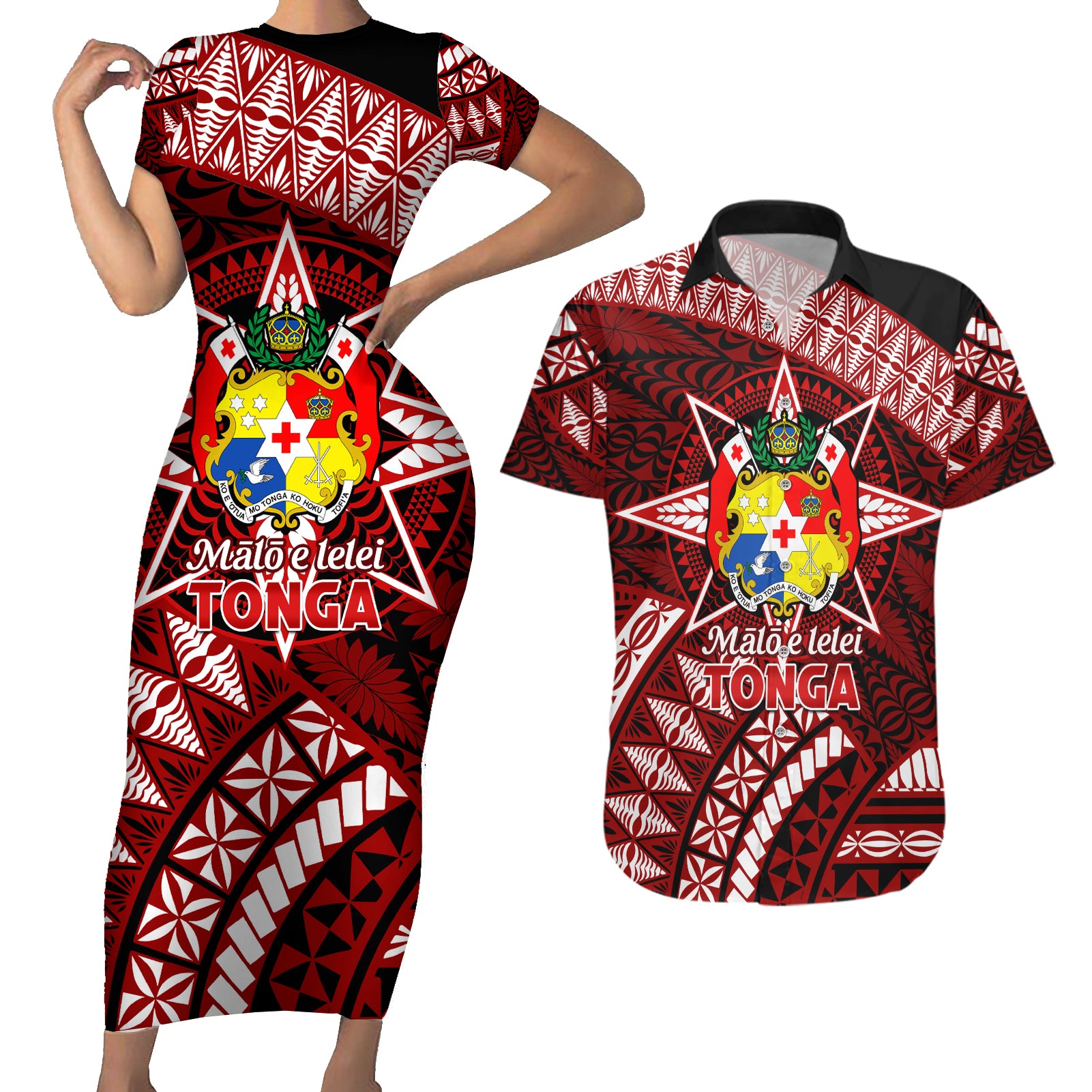 Malo e lelei Tonga Couples Matching Short Sleeve Bodycon Dress and Hawaiian Shirt Tongan Ngatu Pattern Red Version LT14 Red - Polynesian Pride