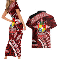 Malo e lelei Tonga Couples Matching Short Sleeve Bodycon Dress and Hawaiian Shirt Tongan Ngatu Pattern Red Version LT14 - Polynesian Pride