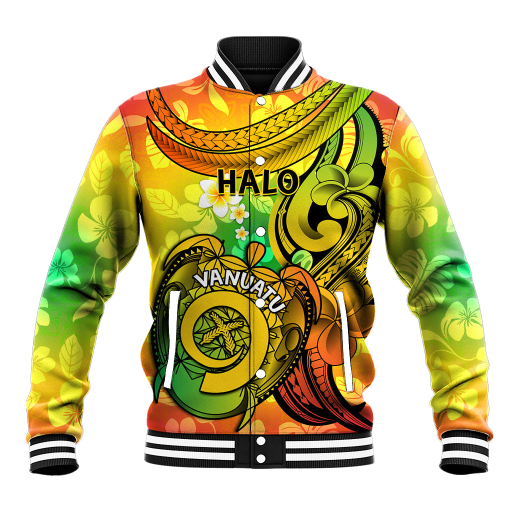 Halo Vanuatu Baseball Jacket Sand Drawing Turtle Polynesian Tropical Flowers LT14 Unisex Reggae - Polynesian Pride
