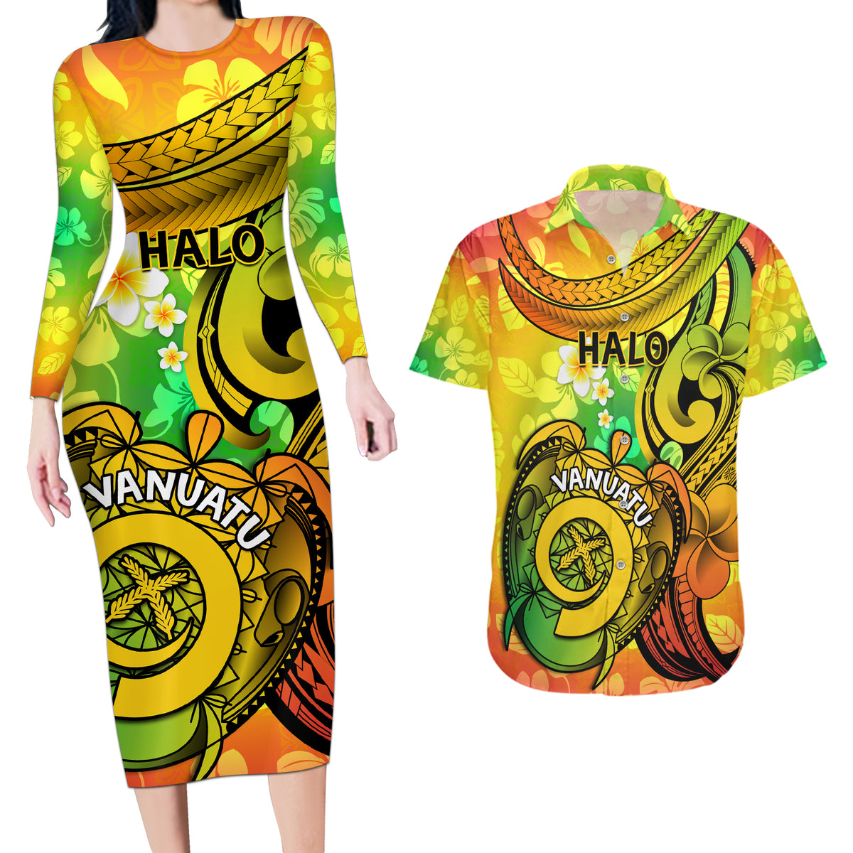 Halo Vanuatu Couples Matching Long Sleeve Bodycon Dress and Hawaiian Shirt Sand Drawing Turtle Polynesian Tropical Flowers LT14 Reggae - Polynesian Pride