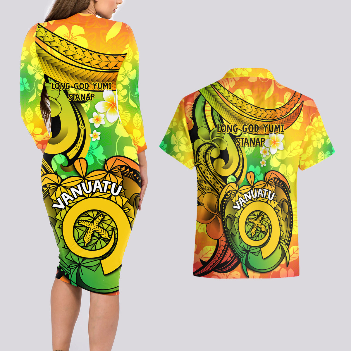 Halo Vanuatu Couples Matching Long Sleeve Bodycon Dress and Hawaiian Shirt Sand Drawing Turtle Polynesian Tropical Flowers LT14 - Polynesian Pride