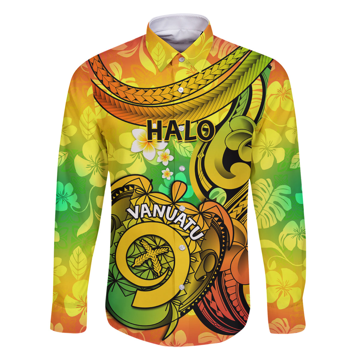 Halo Vanuatu Family Matching Off Shoulder Long Sleeve Dress and Hawaiian Shirt Sand Drawing Turtle Polynesian Tropical Flowers LT14 Dad's Shirt - Long Sleeve Reggae - Polynesian Pride