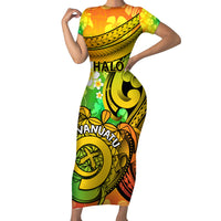 Halo Vanuatu Short Sleeve Bodycon Dress Sand Drawing Turtle Polynesian Tropical Flowers LT14 Long Dress Reggae - Polynesian Pride