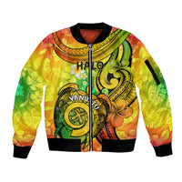 Halo Vanuatu Sleeve Zip Bomber Jacket Sand Drawing Turtle Polynesian Tropical Flowers LT14 Unisex Reggae - Polynesian Pride