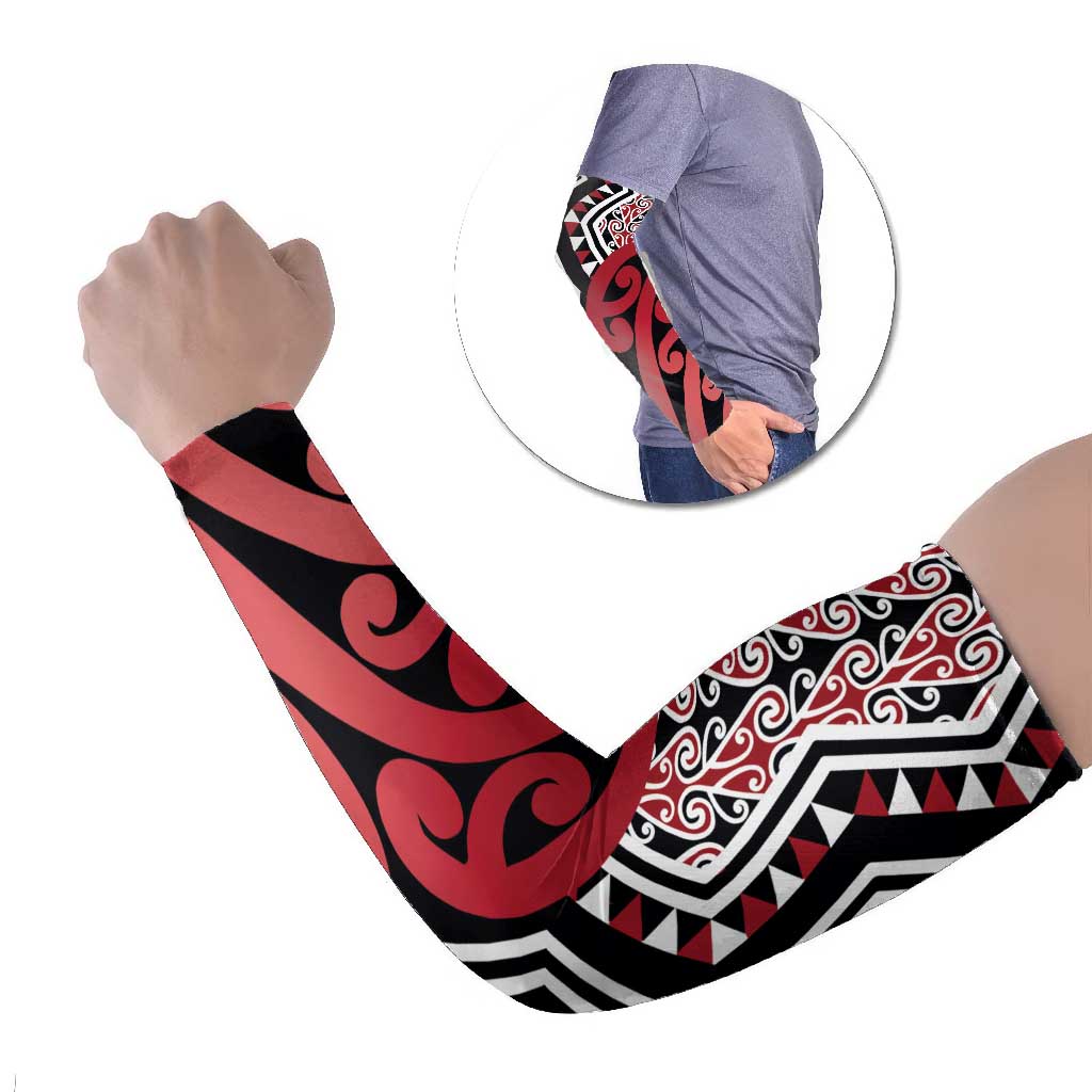 New Zealand Arm Sleeves Aotearoa Kowhaiwhai Mix Taniko Art - Red LT14 Set of 2 Red - Polynesian Pride