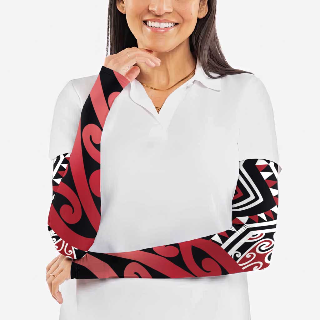 New Zealand Arm Sleeves Aotearoa Kowhaiwhai Mix Taniko Art - Red LT14 - Polynesian Pride