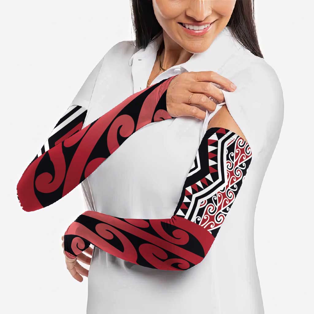 New Zealand Arm Sleeves Aotearoa Kowhaiwhai Mix Taniko Art - Red LT14 - Polynesian Pride