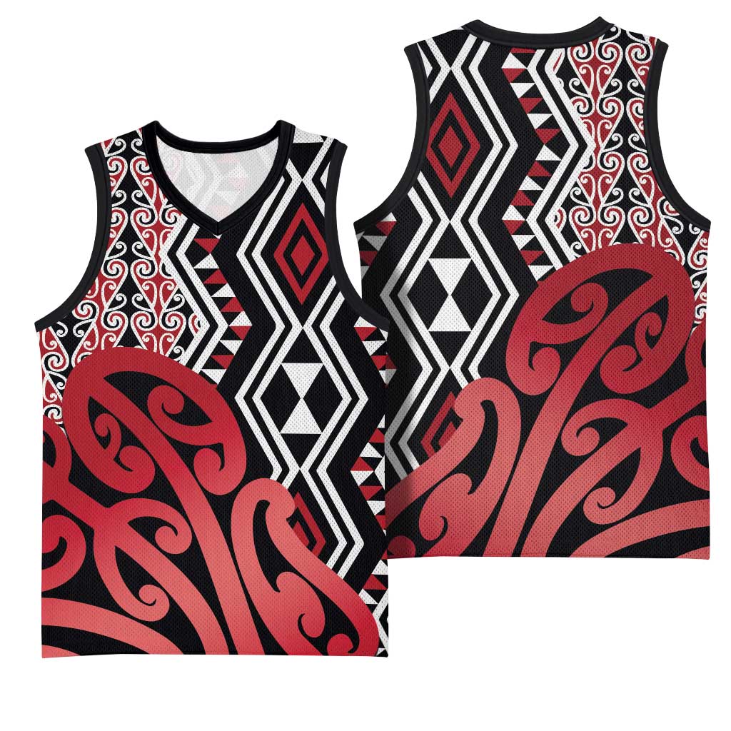 New Zealand Basketball Jersey Aotearoa Kowhaiwhai Mix Taniko Art - Red - Polynesian Pride