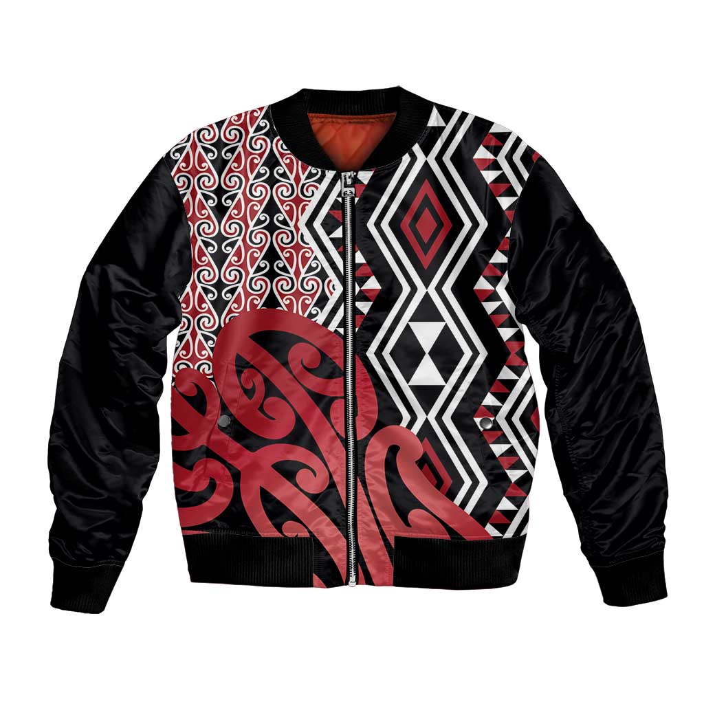 New Zealand Bomber Jacket Aotearoa Kowhaiwhai Mix Taniko Art - Red