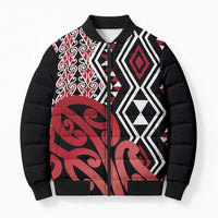 New Zealand Bomber Puffer Jacket Aotearoa Kowhaiwhai Mix Taniko Art - Red - Polynesian Pride