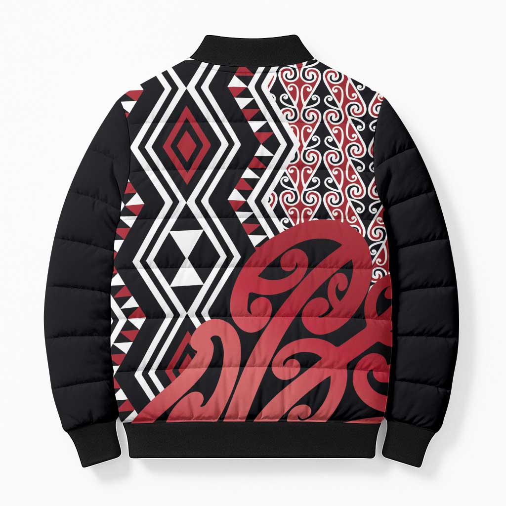 New Zealand Bomber Puffer Jacket Aotearoa Kowhaiwhai Mix Taniko Art - Red - Polynesian Pride